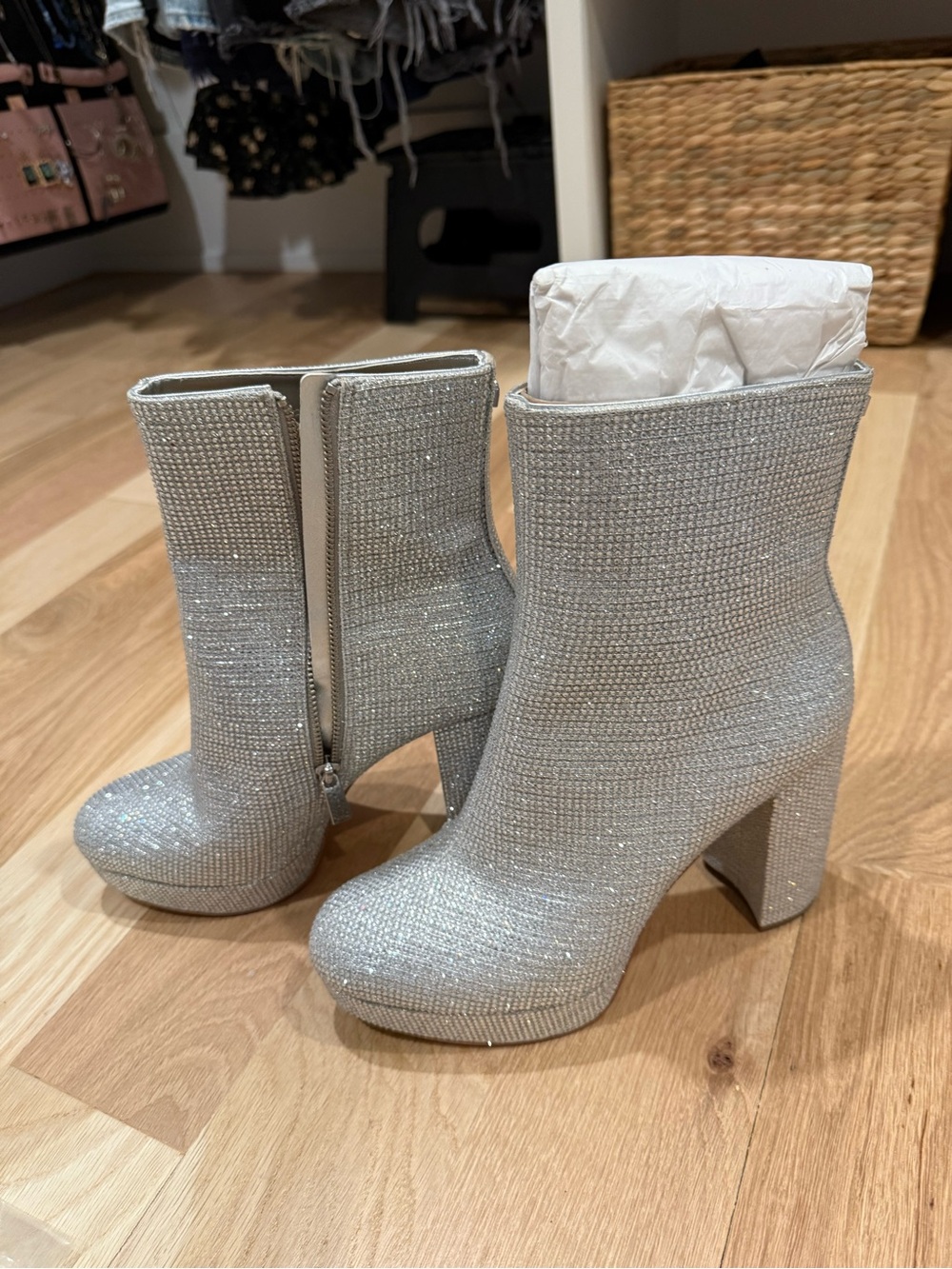 Michael Kors Joanna Crystal Embellished Platform Boot Bootie Silver OG $325